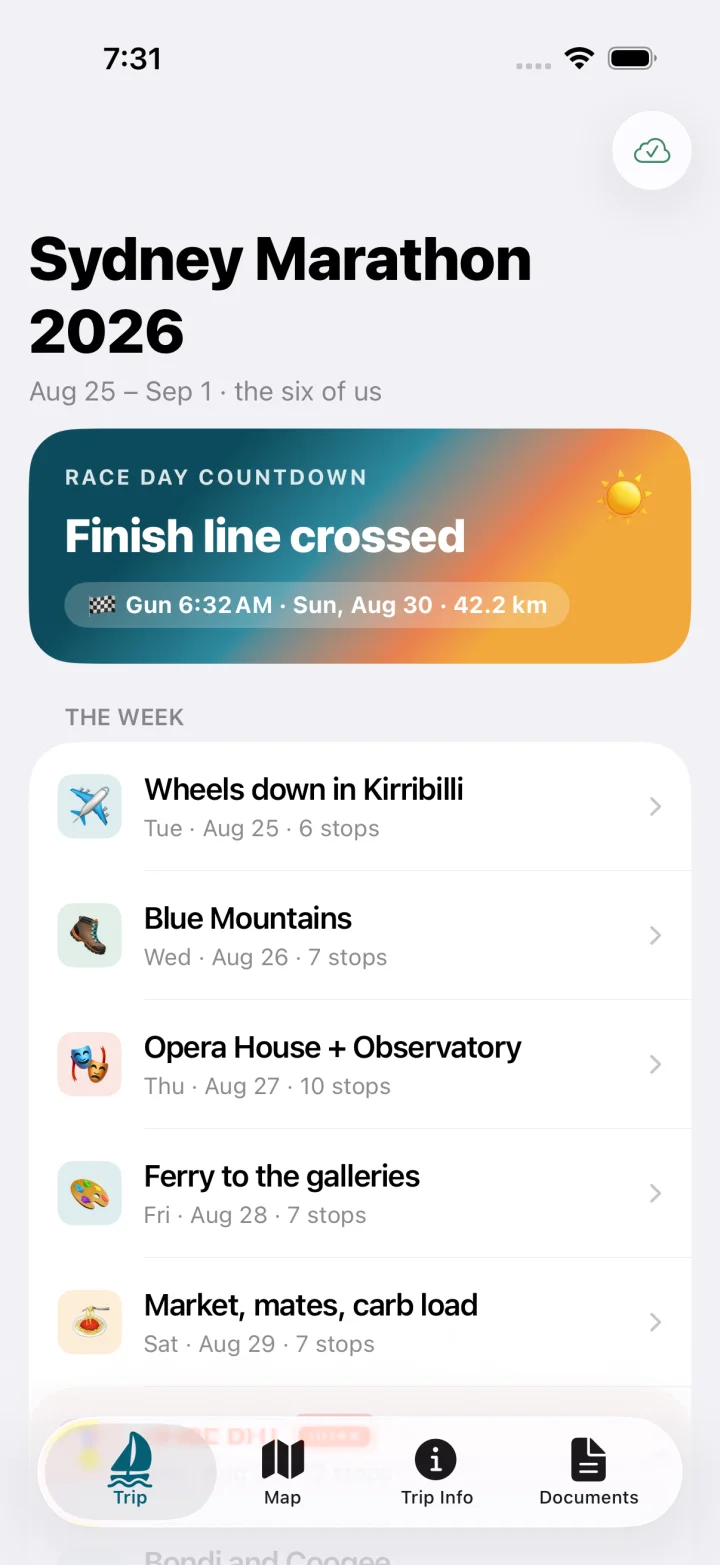 The trip overview in the native iPhone app, with the completed race and eight-day itinerary.