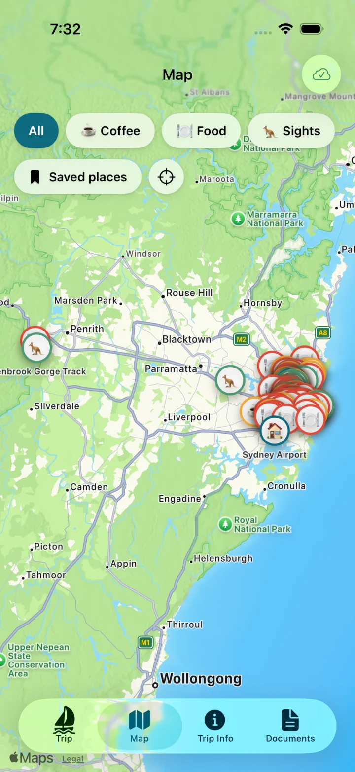 Map of saved places across Sydney and the Blue Mountains, with coffee, food and sight filters.