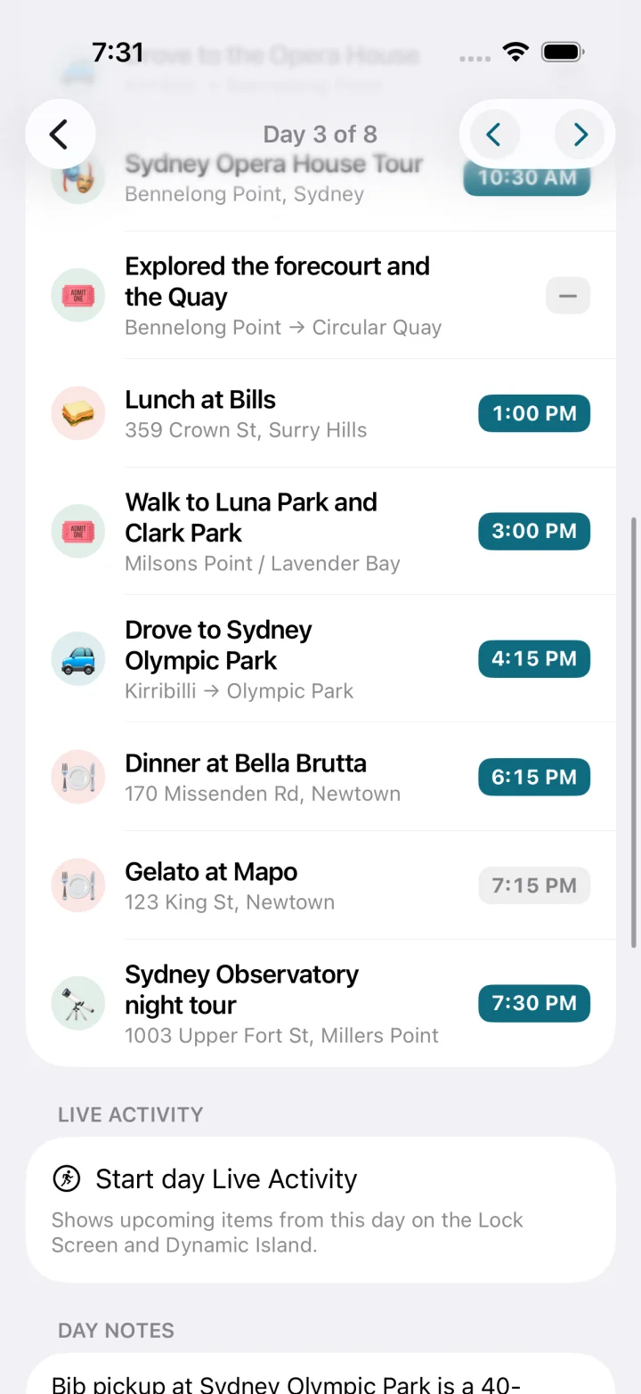 Thursday itinerary with the Opera House, bib pickup and Sydney Observatory night tour.