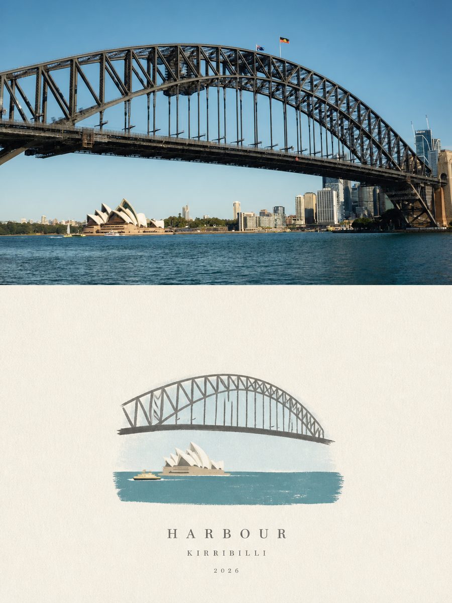 Kirribilli harbour poster: a photograph of the Harbour Bridge and Opera House above an illustrated view of the harbour.